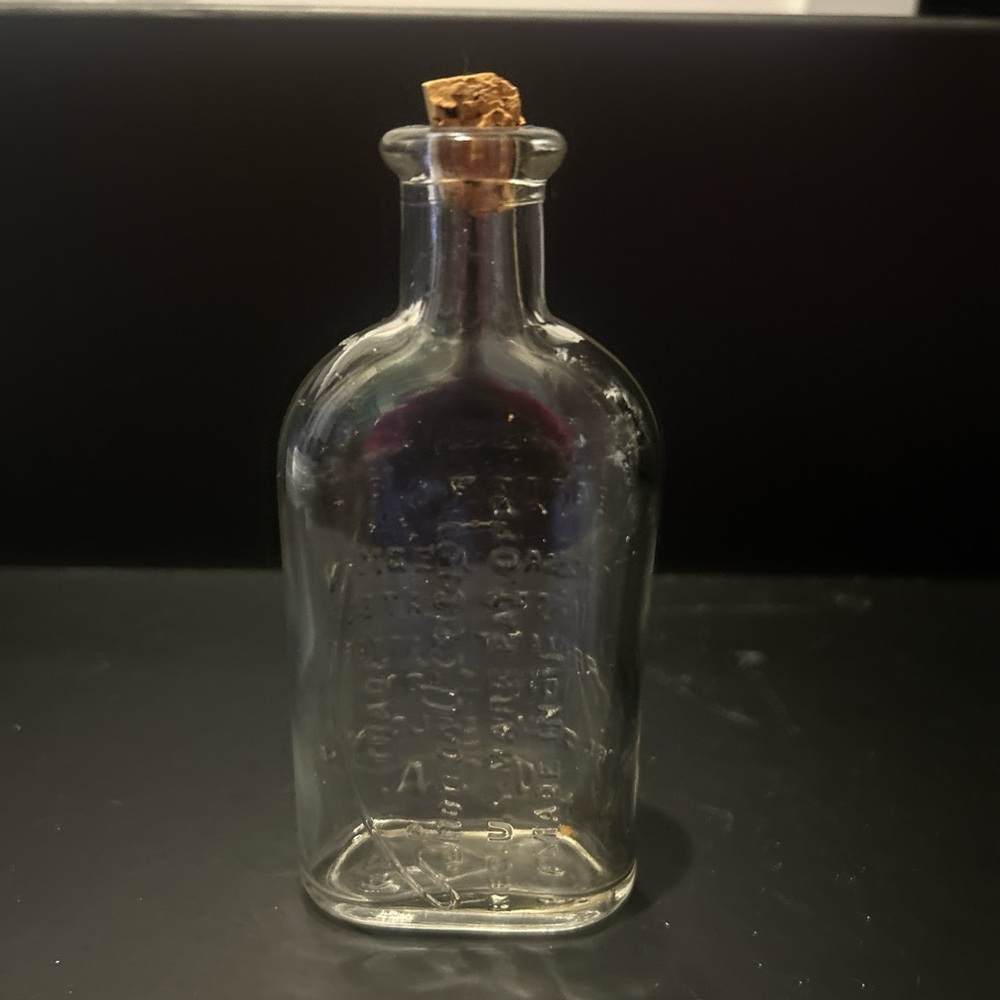 Vintage Thomas Edison battery oil Clear Glass Bottle with Cork